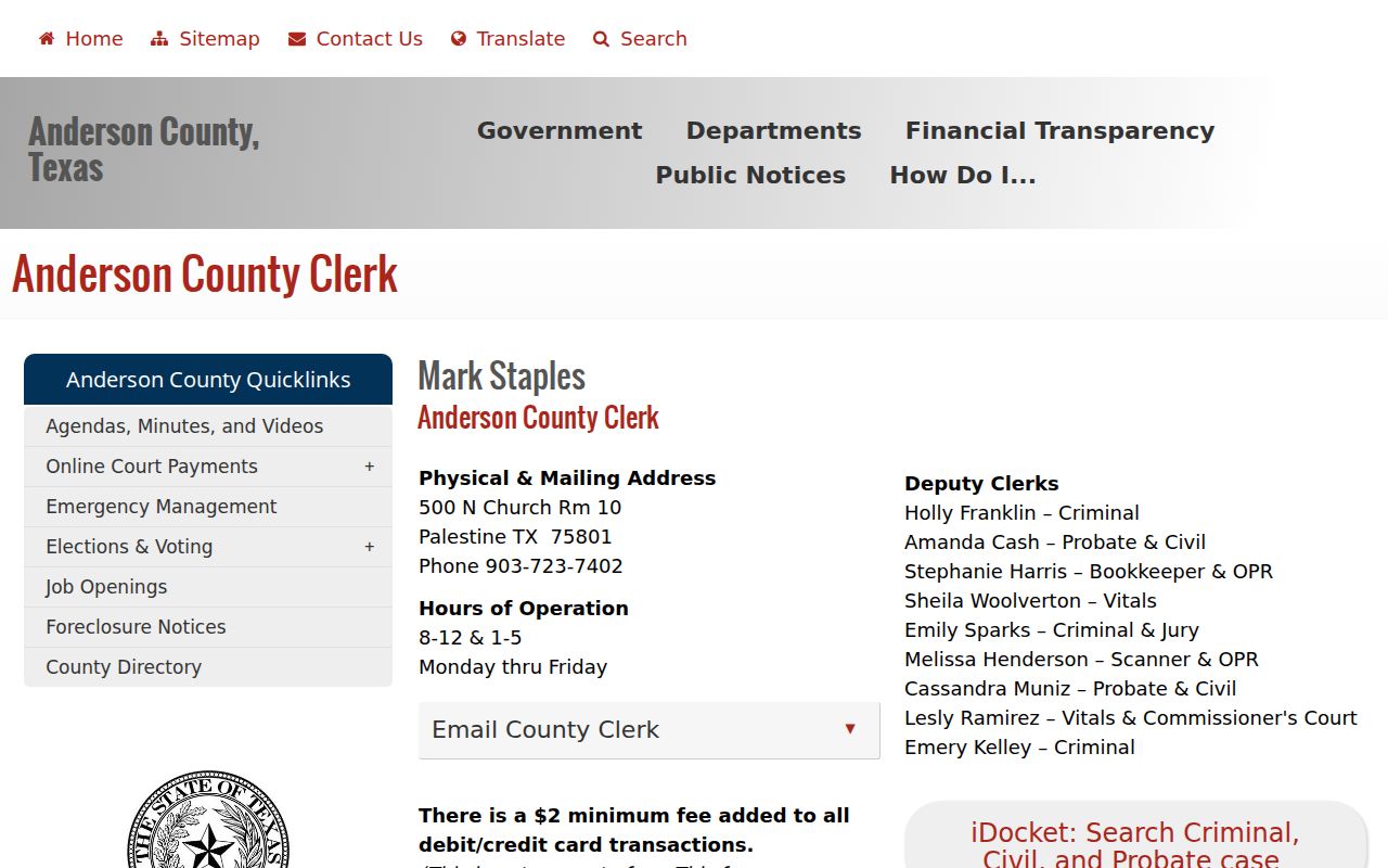 Anderson County Clerk office for court and warrant record questions