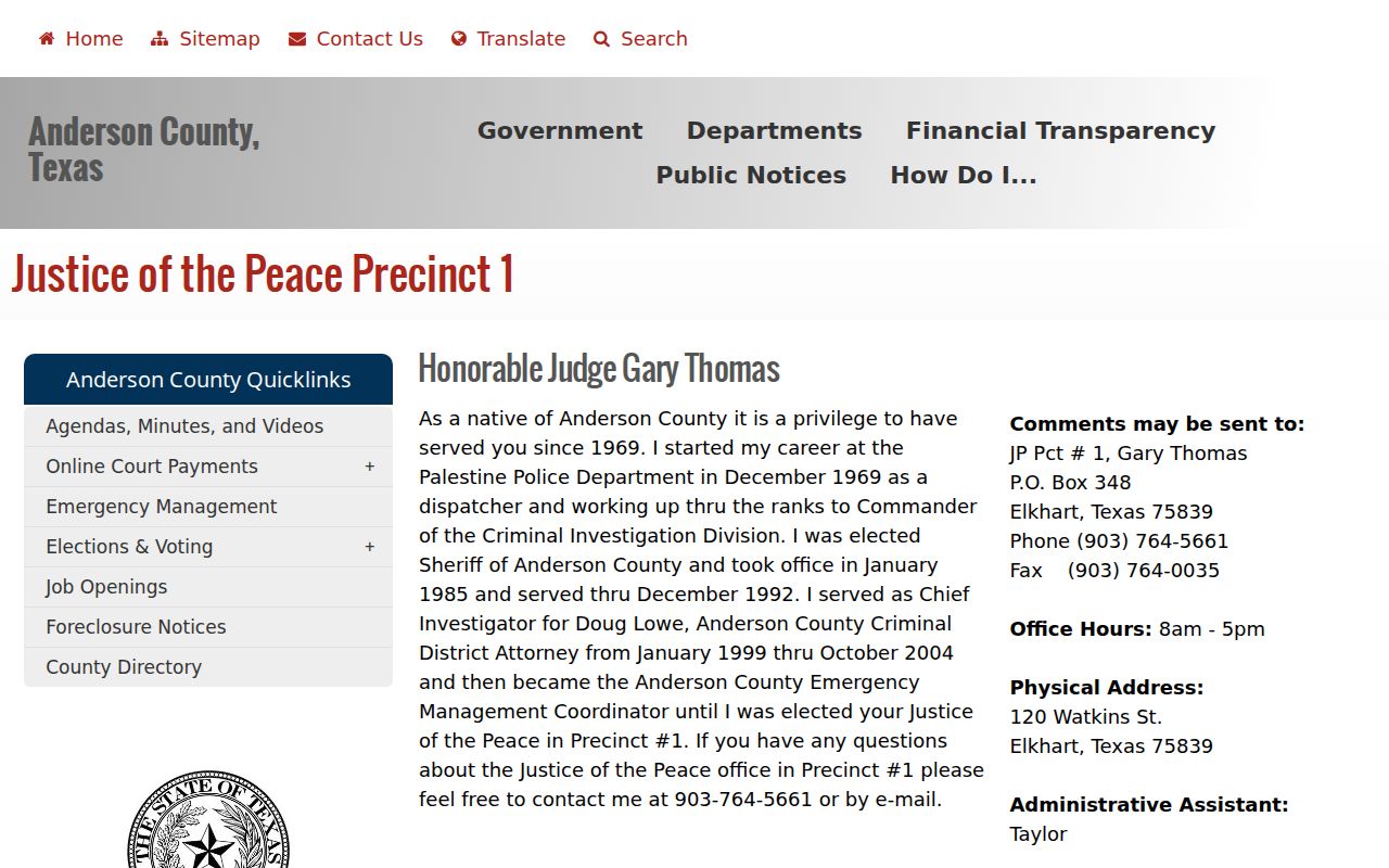 Anderson County active warrant questions routed through the Elkhart JP1 contact panel