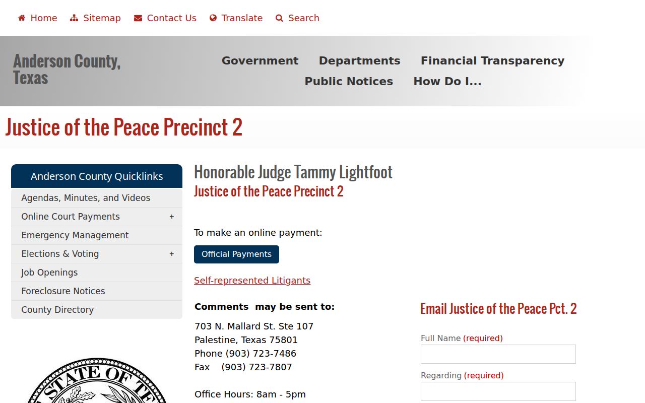 Anderson County bench warrant records and the JP2 Palestine contact panel