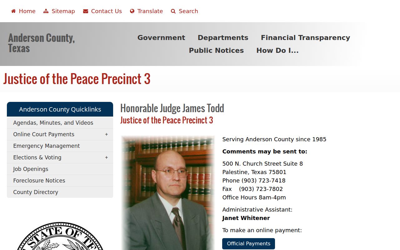 Anderson County bench warrant records and JP3 at the Palestine courthouse