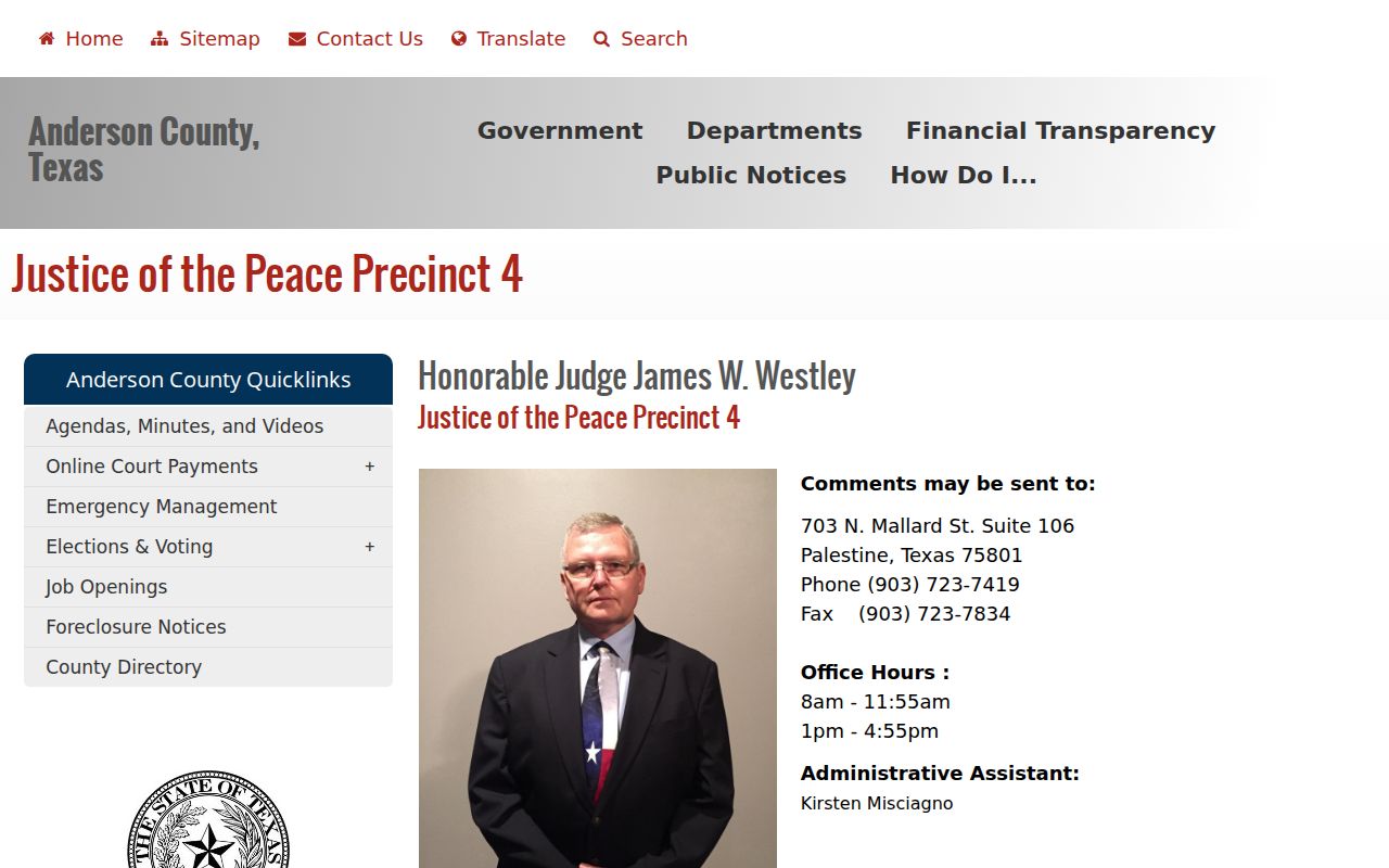 Anderson County traffic warrant contact and split JP4 office hours