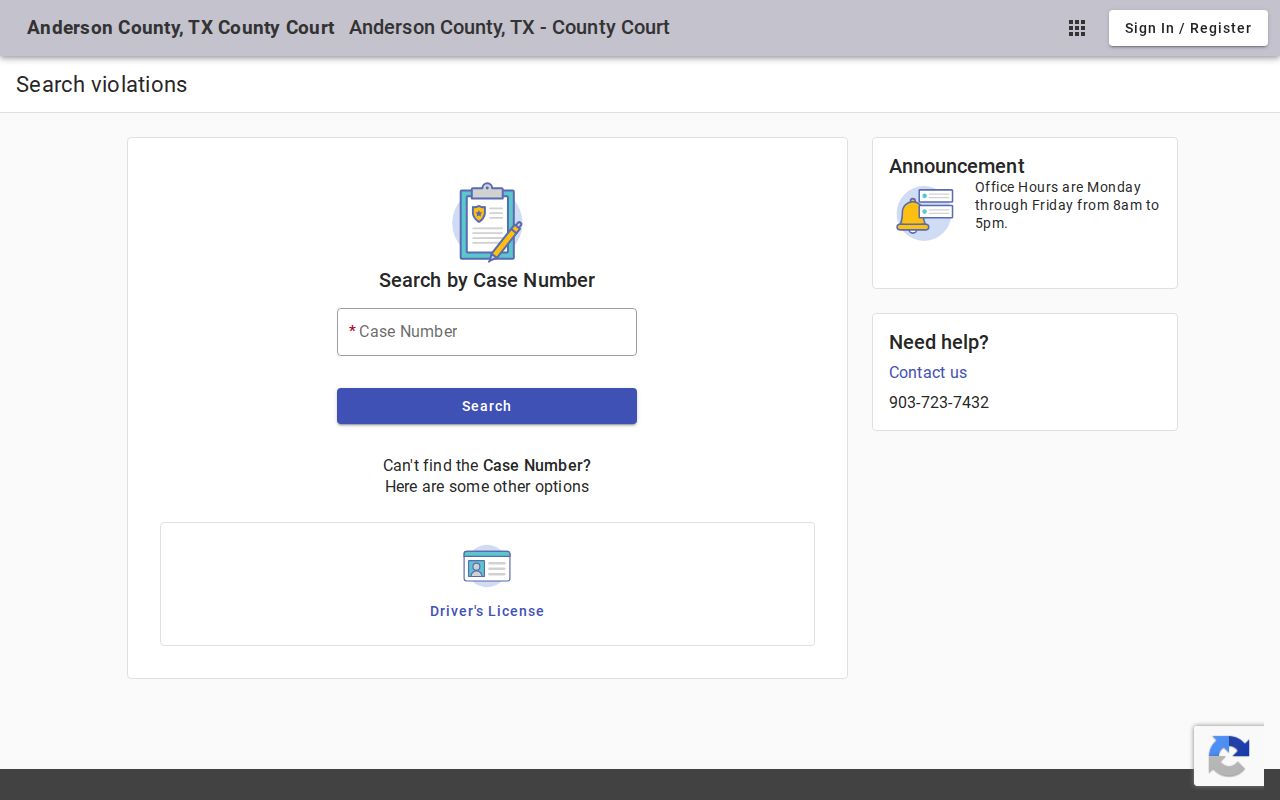 Anderson County warrant search case, name, license, and vehicle field choices