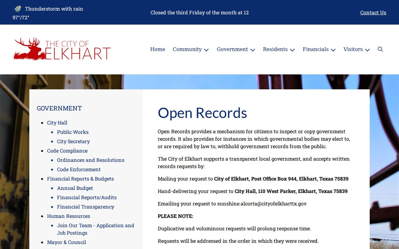 Elkhart warrant records and written request channels at the City Secretary