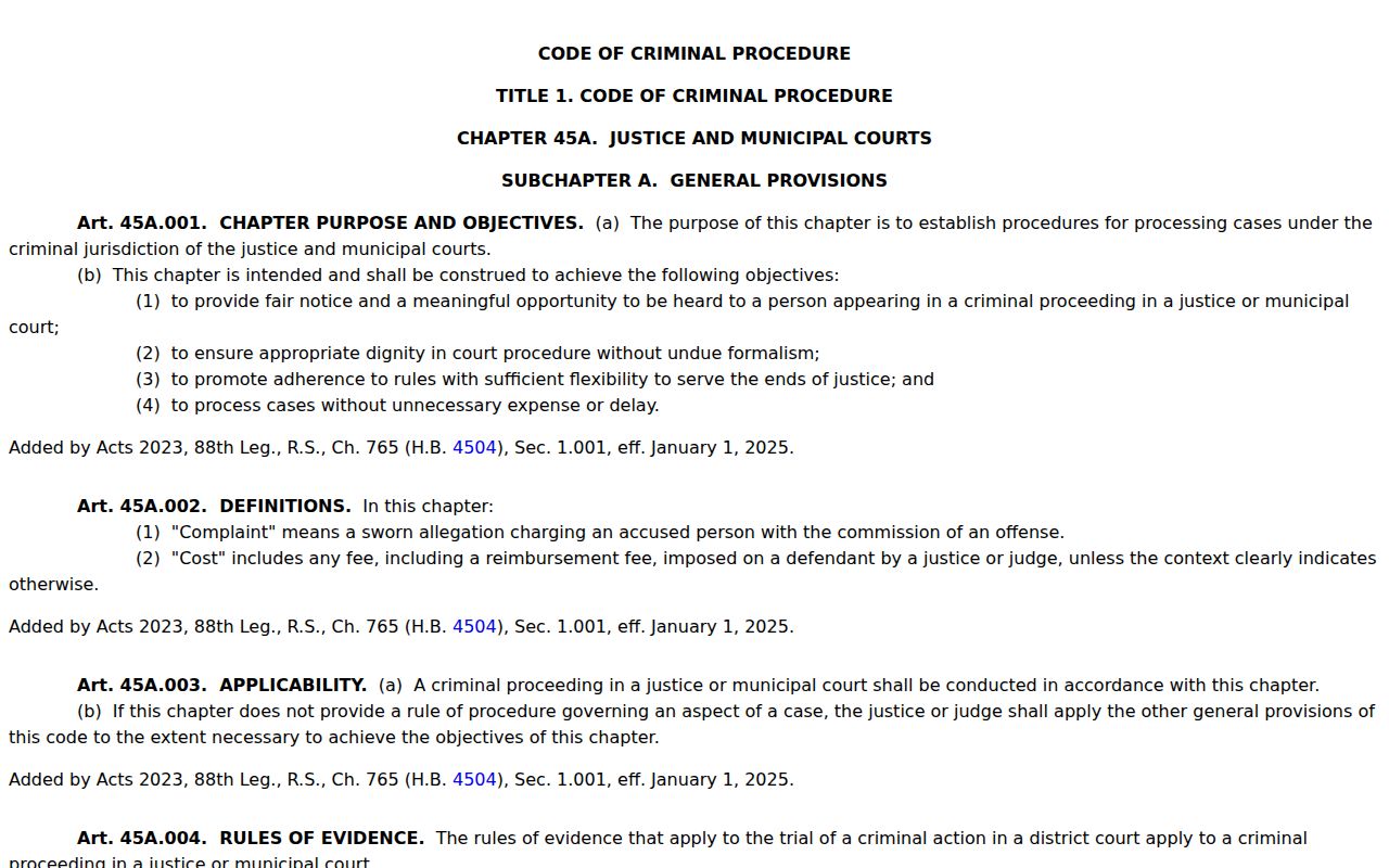 Anderson County traffic warrant access and current Texas Chapter 45A court rules